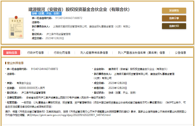 中国银河投资、建信投资等4家机构出资成立私募公司，“落户”合肥，注册资本达6亿元